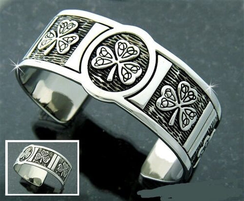 Pewter Shamrock and Trinity Knot Cuff Bracelet Unisex