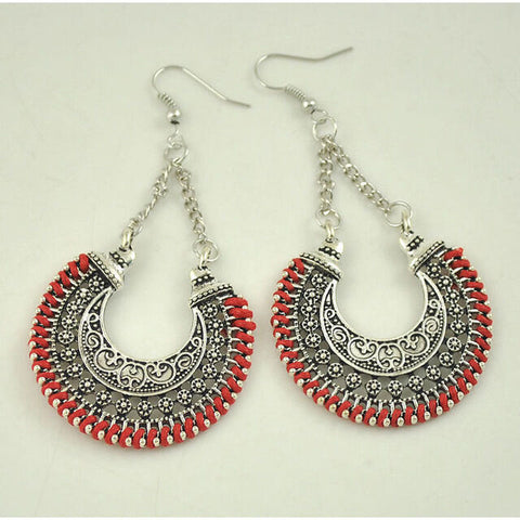 Turkish Style Silver Color Carved Ethnic Earrings with Red Thread