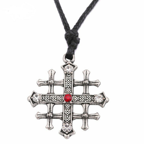 Jerusalem Cross Pendant with Adjustable Black Cord up to 28 in
