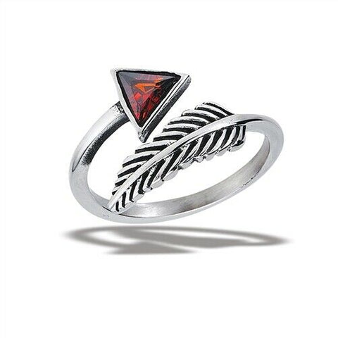 Stainless Steel Adjustable Feather Ring With Red CZ Triangle