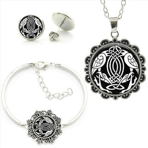 Celtic Celtic Crane Black and White Bracelet,Necklace and Earrings Set