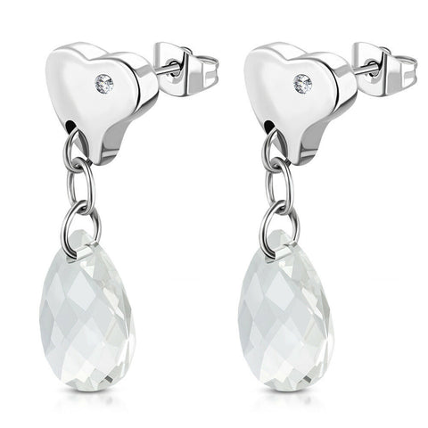 Stainless Steel Teardrop Love Heart Long Drop Earrings w/ Clear Crystal Beads