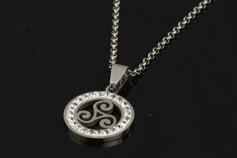 Celtic Stainless Steel Triskele surrounded by crystal with 40 cm plus 5cm chain