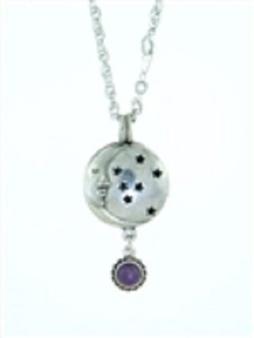 Pewter Moon & Stars Diffuser Pendant w/ Amethyst on 24" Chain