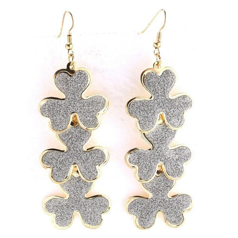 Alloy Triple Gold Colored Shamrock Earrings with Silver Glitter Coating