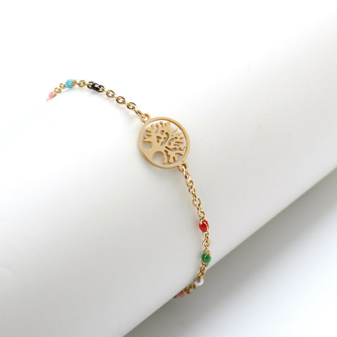Stainless Steel Bracelets Gold Plated Tree Enamel Colored Beads 18cm(7 1/8")
