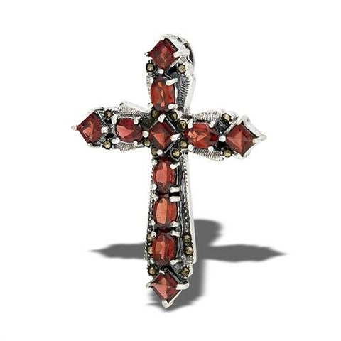 Sterling Silver Synthetic Garnet Cross With Marcasite no chain