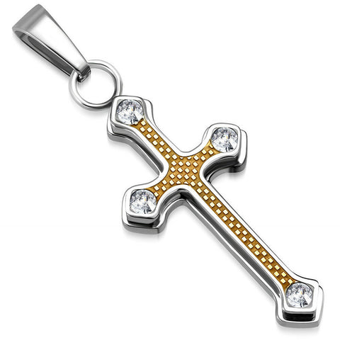 Stainless Steel 2-tone Checker/ Grid Cross Charm Pendant w/ Clear CZ no chain