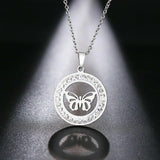 Stainless Steel Crystal Round Pendant with 18 in chain (clover,butterfly,rose)