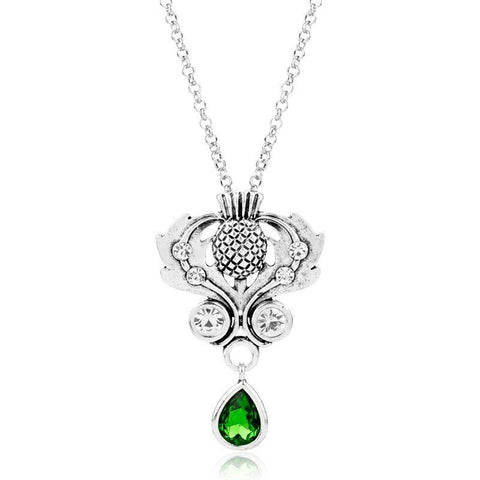 Celtic Scottish Thistle Pendant with Crystals and 20 in Stainless Steel Chain