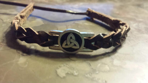 Irish Pewter Brown Leather Woven Adustable Bracelet