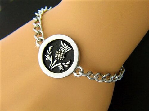 Stainless Steel 7.5 inch Scottish Thistle Charm Bracelet