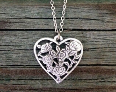 Open Rose Heart Pewter Necklace with 18 in chain Made in USA