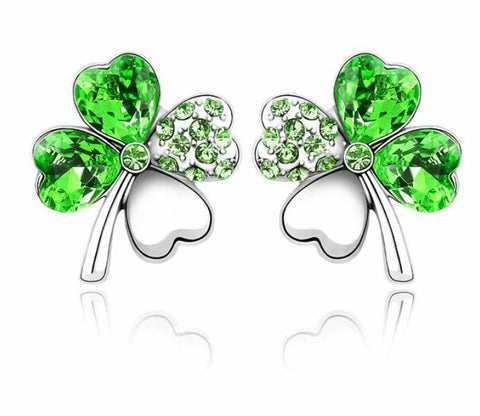 Four Leaf Clover Pierced Stud Silver Earrings with Austrian Crystal Green