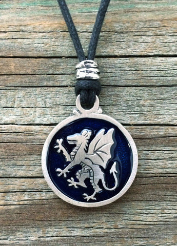 Pewter Medieval Rampant Dragon Pendant with adjustable cord made in USA blue