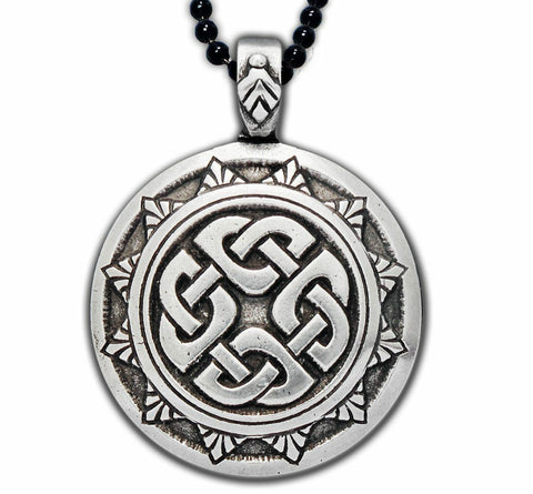 Celtic Shield Knot Pewter Pendant with black 24 inch steel chain made in USA