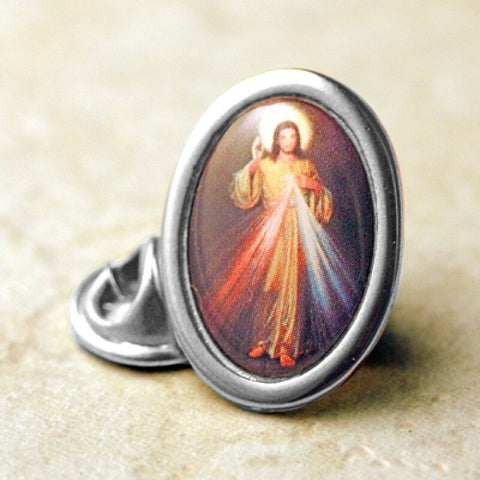 Silver Divine Mercy Photo Lapel Pin (2 Pieces) Made in Italy I inch Ht