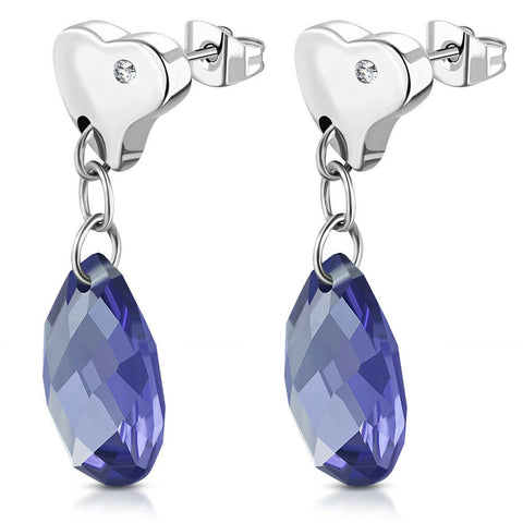 Stainless Steel Teardrop Love Heart Long Drop  Earrings w/ Violet Crystal Beads