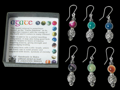 Welsh Celtic Pewter and Agate Earrings with Sterling Silver Earwires in a Box