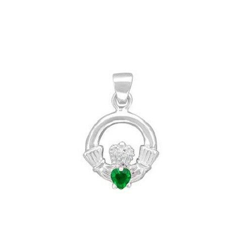 Irish Sterling Silver Claddagh Necklace with Emerald CZ and 18 inch  chain