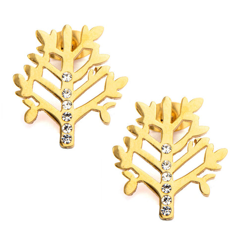 Women's Stainless Steel Gold IP Tree of Life Stud Polished Earrings with CZs.