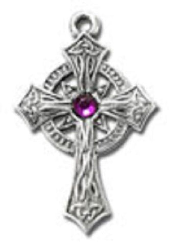 Pewter Celtic Cross with Purple Stone in Center with Adjustable black cord