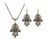 Turkish Style Hand of Fatima necklace and earrings set with green  stones