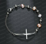 Genuine  Fresh Water Pearl Stainless Steel Cross Bracelet adjusting 9 in length