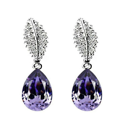 Purple Crystal Leaf Tear Drop Earrings
