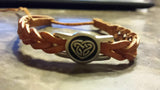 Irish Pewter Celtic Heart Tan Leather Woven Adustable Bracelet