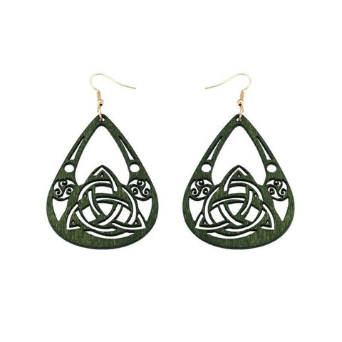 Celtic Green Wooden Triquetra Triskelion Earrings