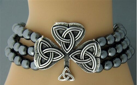 "The Flow of Life' Hematite & Celtic Knot Shamrock Stretch Bracelet