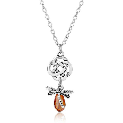 Celtic  Knot Necklace with dragonfly and crystal bead and 20in link chain
