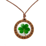 Wooden Clover/Shamrock Pendant with Glass Cabachon and Adjustable Cord
