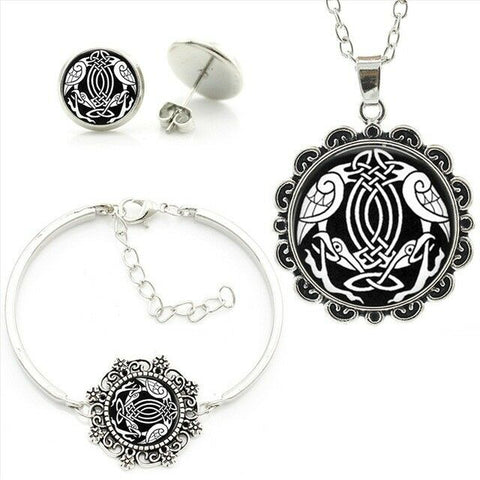 Celtic Celtic Crane Black and White  Bracelet,Necklace and Earrings Set