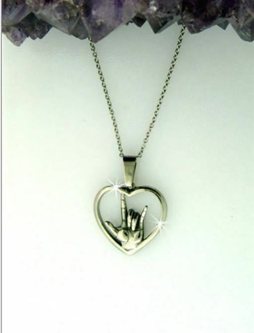 ASL "I love you" Stainless Steel Large Heart Necklace with chain
