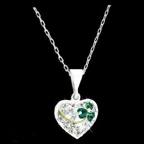 Pewter Heart & Shamrock CZ Pendant 18" Chain