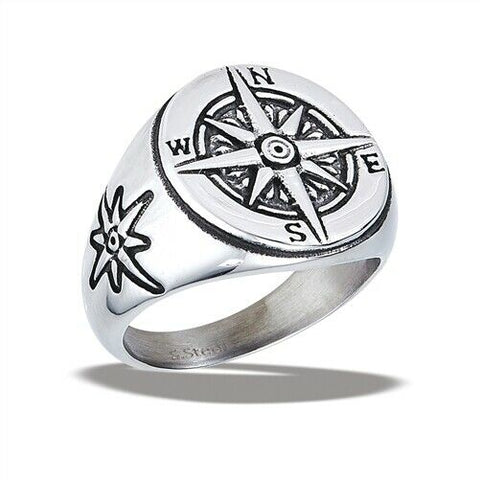 Stainless Steel Traveler's Compass Ring (Sz 8-12)