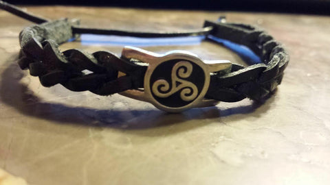 Irish Pewter Black Leather Triskele Woven Adustable Bracelet