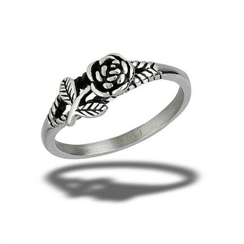 Stainless Steel Rose Ring With Small Accent Leaves