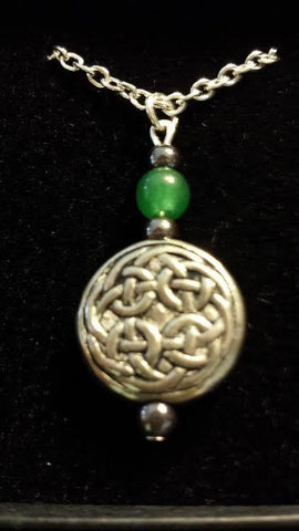 Pewter Celtic Knot Disk Pendant with Green adventurine and hematite and chain
