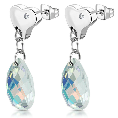Stainless Steel Teardrop Love Heart Long Drop Stud Earrings w/ AB Crystal Beads