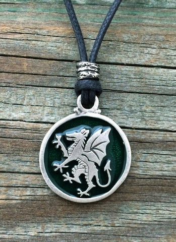 Pewter Medieval Rampant Dragon Pendant with adjustable  cord made in USA  green
