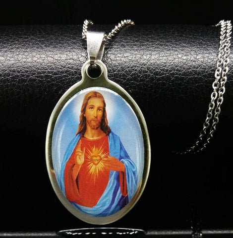 Stainless Steel Sacred Heart of Jesus Pendant and 20 in Chain