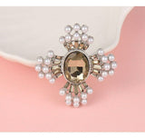 Vintage Style Crystal Cross Brooch/ Pin with synthetic pearls Silver Color