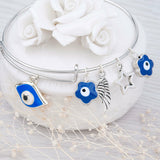 Stainless Steel Silver Tone Blue Enamel Evil Eye  Angel Wing Expandable Bangle
