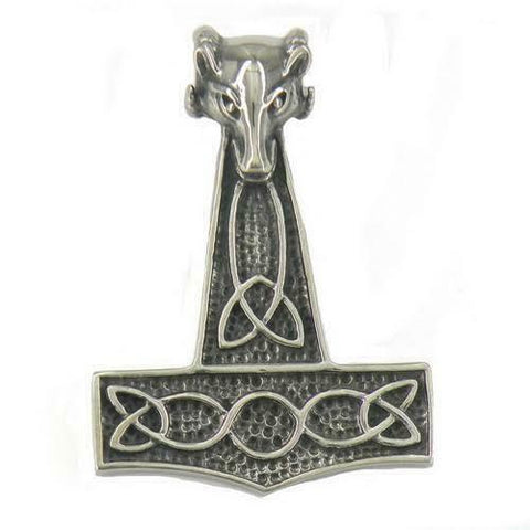 STAINLESS STEEL JEWELRY CELTIC WOLF HEAD THOR HAMMER PENDANT