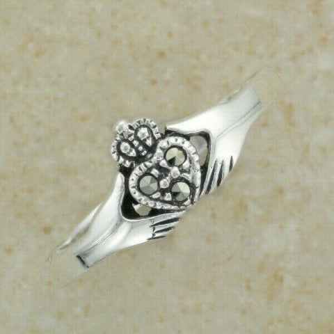 Irish Celtic Sterling Silver claddagh ring with marcasite stones SIZE 6.25