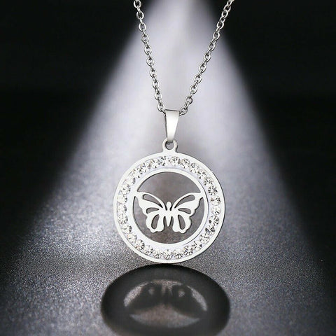 Stainless Steel Crystal Round Pendant with 18 in chain (clover,butterfly,rose)