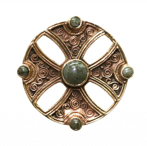 Irish Bronze Celtic Cross  brooch with Connemara Marble Stones
